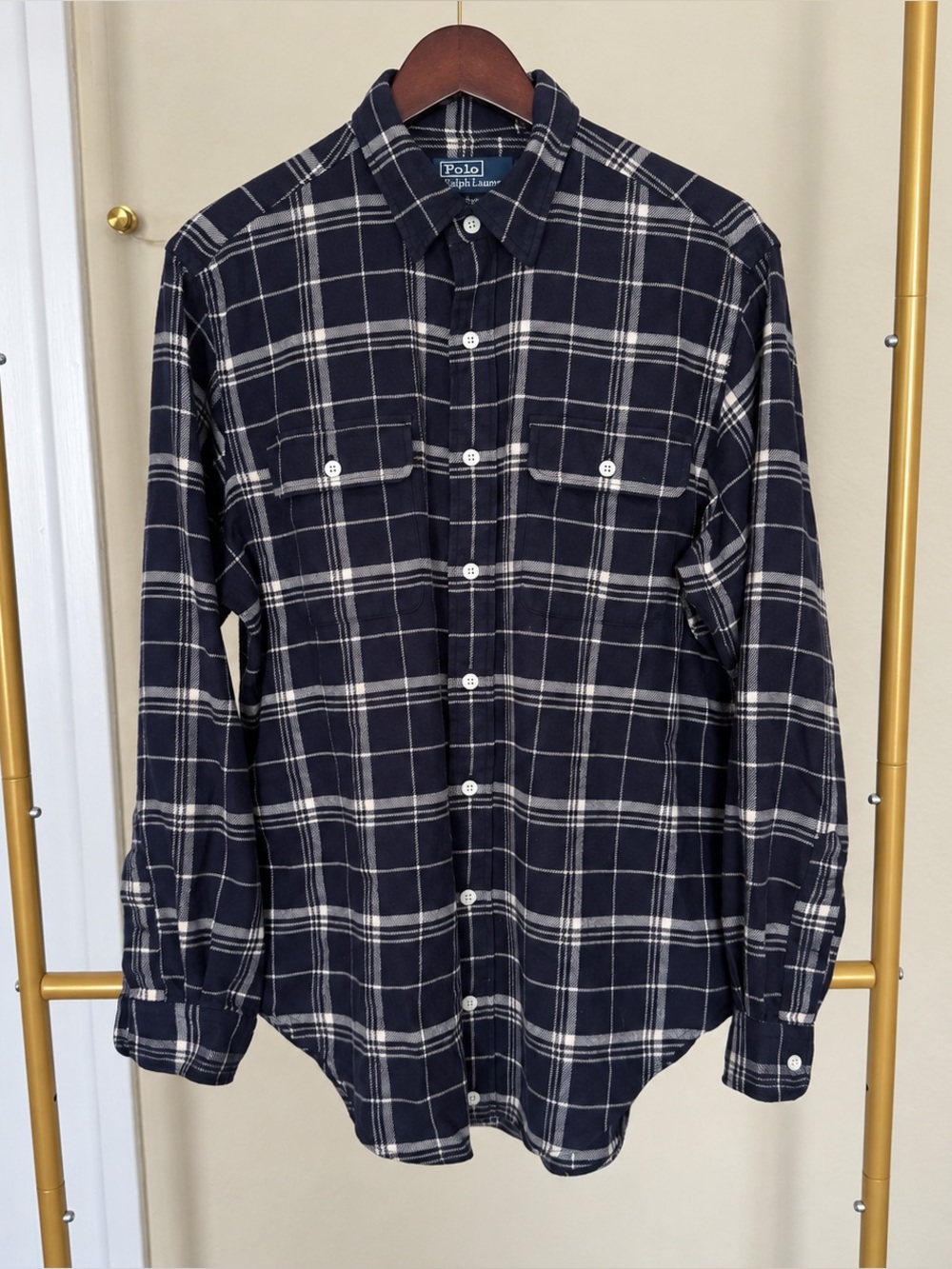 Polo Ralph Lauren Classic Fit Plaid Flannel Shirt Men’s Medium Navy White Cotton